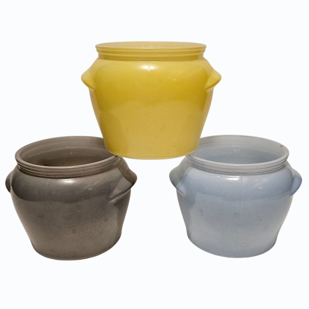 Vintage Glasbake Honey Whip Jars Pots -  Blue Yellow  Gray Lot of 3 NO LIDS